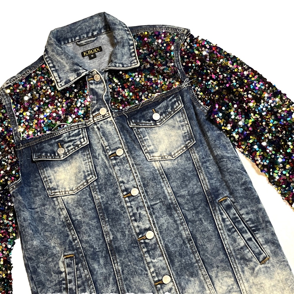 KROIX Denim & Sequin Mesh Dress Size M Glitzy Cowgirl Western Button Down Midi